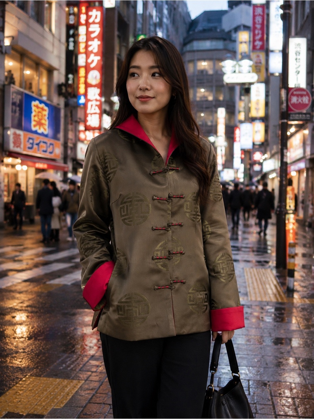 Satin pattern Olive Green Jacket with Red Trim